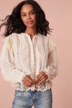 Women LoveShackFancy Kava Cotton Ruffle Long Sleeve Blouse