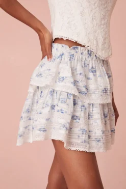 Women LoveShackFancy Ruffle Mini Blue Floral Skirt